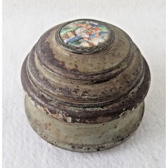 Antique Pre Reuge Music Box Musical‎ Powder Puff Metal Case with Porcelain Inlay - Picture 2 of 16